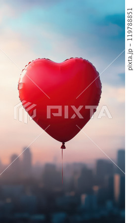 vibrant red heart shaped balloon floats against soft, dreamy skyline, evoking feelings of love and joy. Perfect for romantic themes and celebrations 119788851