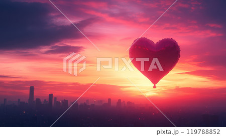 heart shaped balloon floats against vibrant sunset sky, casting romantic atmosphere over city skyline. scene evokes feelings of love and serenity 119788852
