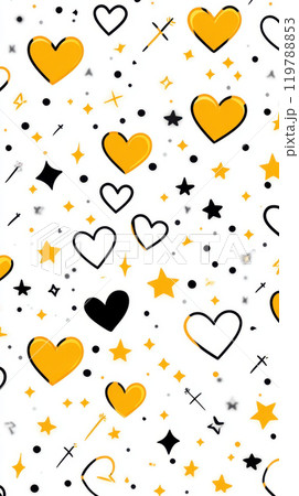 Bright and playful pattern featuring yellow, black, and white hearts, stars, and dots, perfect for cheerful designs and backgrounds 119788853