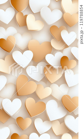 Beautiful arrangement of golden and white hearts on soft background, creating warm and romantic atmosphere. Perfect for celebrations and love themed designs 119788854