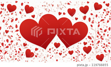 Two large red hearts surrounded by smaller hearts and floral patterns create romantic and festive atmosphere, perfect for celebrations 119788855