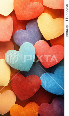 Colorful hearts in various shades create vibrant and cheerful background, perfect for expressing love and affection 119788856