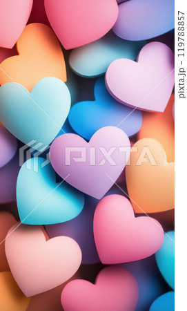 Colorful heart shapes in various pastel shades create vibrant and cheerful background, perfect for expressing love and affection 119788857