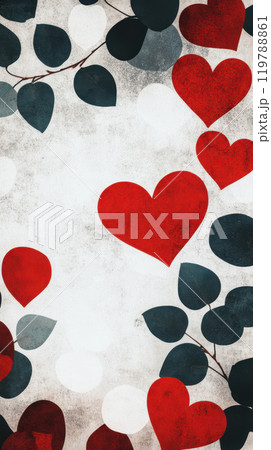 vibrant pattern featuring red hearts and green leaves on textured background, creating romantic and cheerful atmosphere. Perfect for Valentine Day or love themed designs 119788861