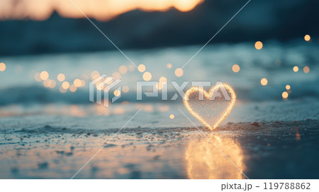 glowing heart shape sparkles on sandy beach at sunset, creating romantic atmosphere with soft bokeh lights in background 119788862