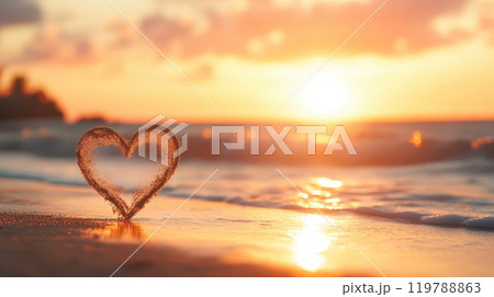 heart shape made of sand on beach at sunset, symbolizing love and tranquility. warm colors of sky reflect on water, creating serene atmosphere 119788863