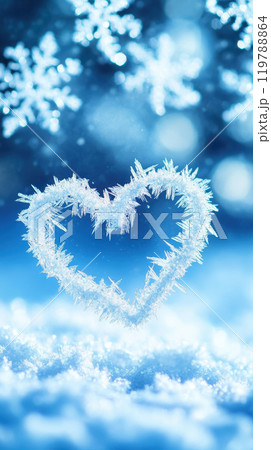heart shape made of frost and snowflakes on blue background, evoking winter wonderland feeling. Perfect for seasonal themes 119788864