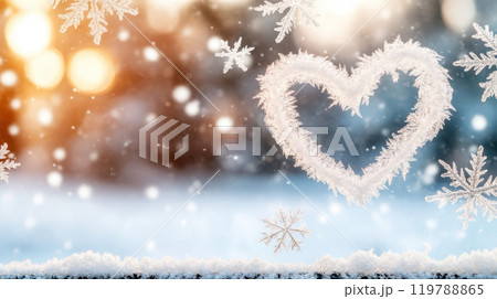 beautiful winter scene featuring heart shape made of frost, surrounded by snowflakes and soft, glowing background. Perfect for seasonal themes 119788865