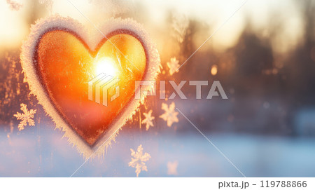 Heart shape on frosted window with sunset glow, winter scene, snowflakes, warm feelings, romantic atmosphere 119788866