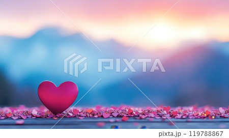 vibrant pink heart surrounded by smaller heart shapes on wooden surface, set against beautiful sunset backdrop. scene evokes feelings of love and warmth 119788867