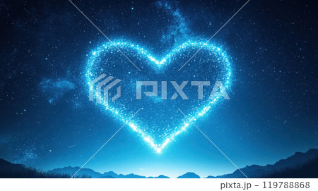 glowing heart shape made of stars in night sky, surrounded by mountains, evokes feelings of love and wonder 119788868