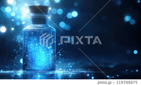 glowing blue potion in glass bottle, surrounded by sparkling light. enchanting scene evokes sense of magic and wonder 119788875