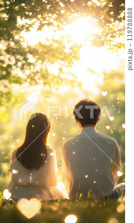 couple sitting together in sunlit park, surrounded by glowing hearts and soft light, enjoying romantic moment couple sitting together in sunlit park, surrounded by glowing hearts and soft light, enjoying romantic moment 119788888