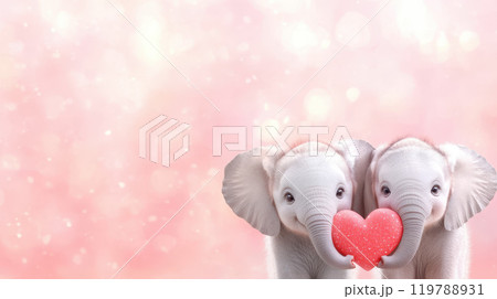 Two adorable baby elephants holding heart, symbolizing love and friendship against soft pink background Two adorable baby elephants holding heart, symbolizing love and friendship against soft pink background 119788931