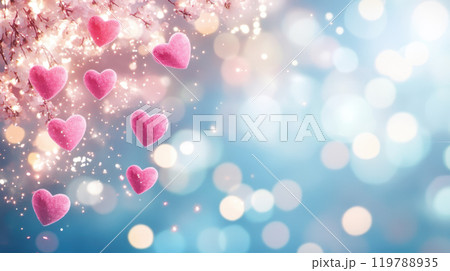 Colorful hearts and cherry blossoms create romantic atmosphere, perfect for celebrations Colorful hearts and cherry blossoms create romantic atmosphere, perfect for celebrations 119788935