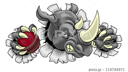Rhino Rhinoceros Cricket Cartoon Sports Mascot Rhino Rhinoceros Cricket Cartoon Sports Mascot 119788971