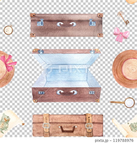 Suitcases, parchment with Australia map, sun hat, magnifying glass watercolor seamless pattern isolated on white. Hand drawn for stationary, souvenir decor and design, wrapping paper. Vintage clip art 119788976