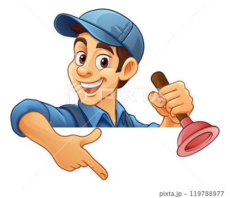 Plumber Drain Plunger Cartoon Handyman Pointing Plumber Drain Plunger Cartoon Handyman Pointing 119788977
