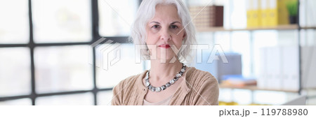 Grey haired businesswoman with crossed arms poses in office Grey haired businesswoman with crossed arms poses in office 119788980