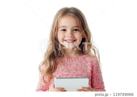 Little girl with a tablet on a transparent background. AI-generated item 119789066