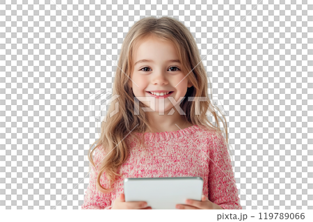 Little girl with a tablet on a transparent background. AI-generated item 119789066
