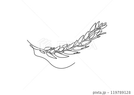 Continuous one line drawing whole healthy organic wheat grain for farm logo identity. Fresh staple food concept for breakfast cereal or groceries icon. Single line design vector graphic illustration Continuous one line drawing whole healthy organic wheat grain for farm logo identity. Fresh staple food concept for breakfast cereal or groceries icon. Single line design vector graphic illustration 119789128