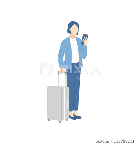 スーツケースを持ってスマホを見ているビジネスパーソン スーツケースを持ってスマホを見ているビジネスパーソン 119789211