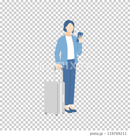 スーツケースを持ってスマホを見ているビジネスパーソン スーツケースを持ってスマホを見ているビジネスパーソン 119789211