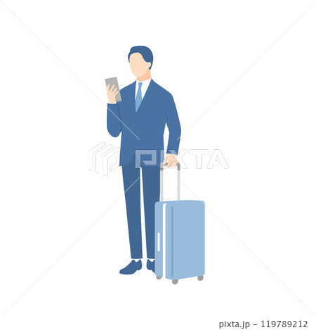 スーツケースを持ってスマホを見ているビジネスマン スーツケースを持ってスマホを見ているビジネスマン 119789212