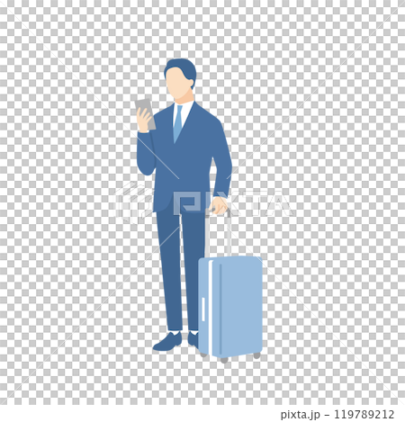 スーツケースを持ってスマホを見ているビジネスマン スーツケースを持ってスマホを見ているビジネスマン 119789212