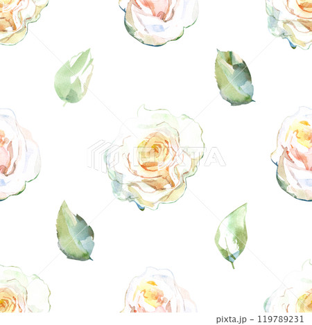Seamless pattern of white roses with green leaves in collection garden flowers. Watercolor illustration for floral design of fabrics, kitchen towel, textiles, weaving, wallpaper, wrapping paper. Hand Seamless pattern of white roses with green leaves in collection garden flowers. Watercolor illustration for floral design of fabrics, kitchen towel, textiles, weaving, wallpaper, wrapping paper. Hand 119789231
