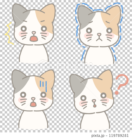 各種表情的印花貓插圖：驚訝、顫抖、震驚、哈特納標記 119789281