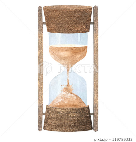 Metal hourglass with sand half full watercolor illustration isolated on white. Hand painted art perfect for cards, posters, stationary decor, as a symbol of time flying by. Vintage antique clipart Metal hourglass with sand half full watercolor illustration isolated on white. Hand painted art perfect for cards, posters, stationary decor, as a symbol of time flying by. Vintage antique clipart 119789332