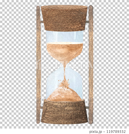 Metal hourglass with sand half full watercolor illustration isolated on white. Hand painted art perfect for cards, posters, stationary decor, as a symbol of time flying by. Vintage antique clipart Metal hourglass with sand half full watercolor illustration isolated on white. Hand painted art perfect for cards, posters, stationary decor, as a symbol of time flying by. Vintage antique clipart 119789332