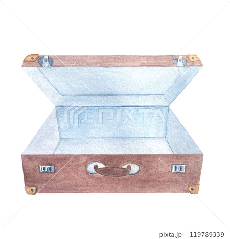 An open vintage brown with blue suitcase illustration isolated on white. Hand drawn for stickers, stationary, traveling, souvenir decor and design, cards. Vintage clip art. Grandma's. Old-fashioned An open vintage brown with blue suitcase illustration isolated on white. Hand drawn for stickers, stationary, traveling, souvenir decor and design, cards. Vintage clip art. Grandma's. Old-fashioned 119789339