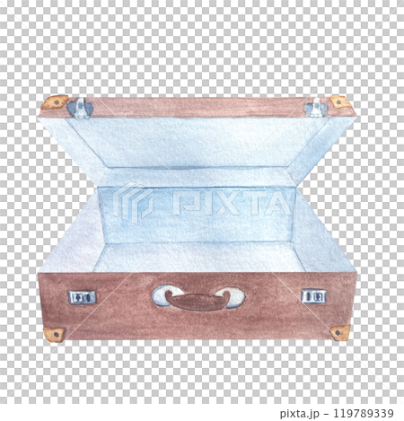 An open vintage brown with blue suitcase illustration isolated on white. Hand drawn for stickers, stationary, traveling, souvenir decor and design, cards. Vintage clip art. Grandma's. Old-fashioned 119789339