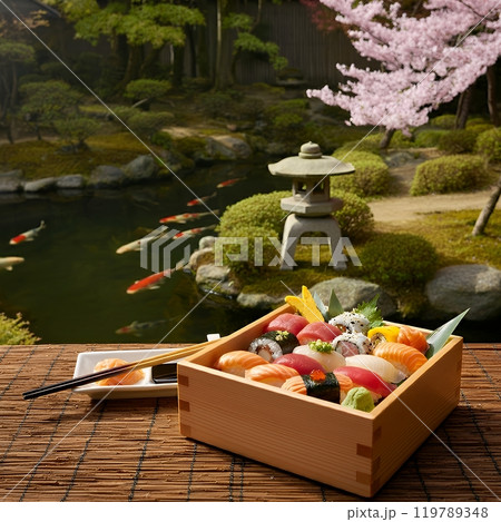 日本の風景と寿司盛合せ 119789348