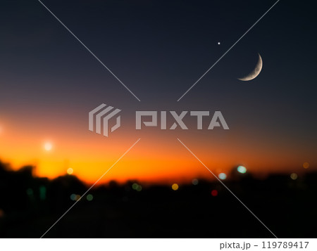 Sky Moon Islam Sunset Background Mubaruk Greeting Ramadan Element Masjid Aqsa Hajj Kaaba Umrah Eid Arabian Religion Islamic Muhammad Arab Muslim Greeting Isra Miraj Hajj Holy Kaaba Quran Ramazan. 119789417