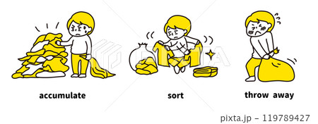 溜まって整理しきれない洋服を、必要なものを仕分けて、不要なものを捨てるイラスト（2色） 119789427