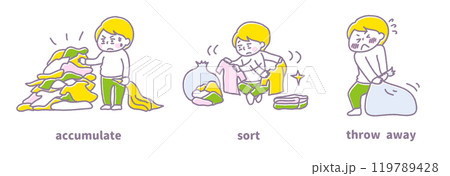 溜まって整理しきれない洋服を、必要なものを仕分けて、不要なものを捨てるイラスト（パステル） 119789428