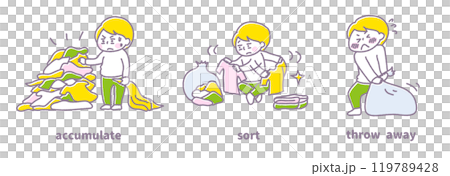 溜まって整理しきれない洋服を、必要なものを仕分けて、不要なものを捨てるイラスト（パステル） 119789428