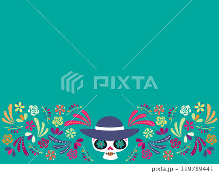 かわいいメキシコの骸骨とお花のフレーム背景 119789441