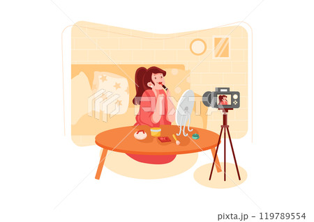 A beauty blogger showing and teaching how to do makeup with lipstick and mirror. 119789554