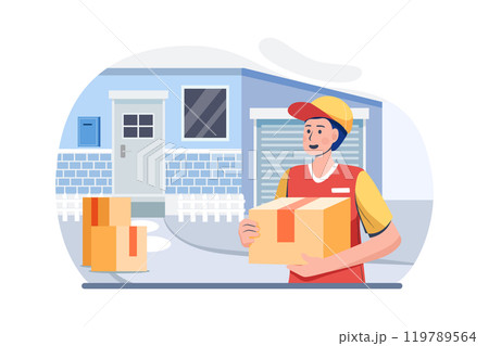 Delivery parcel to door. Courier presents box of recipient 119789564