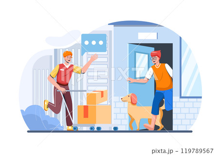 Delivery man pushes hand truck trolley full of cardboard boxes hands package to a customer. Delivery man pushes hand truck trolley full of cardboard boxes hands package to a customer. 119789567
