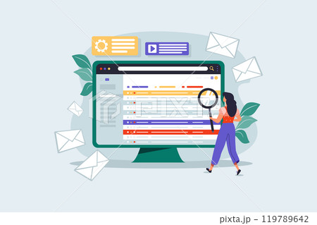 Young woman checks mail with magnifying glass 119789642