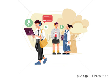 Man listening to the podcast while walking to work 119789647
