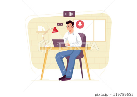 Man listening to the podcast while working. Man listening to the podcast while working. 119789653
