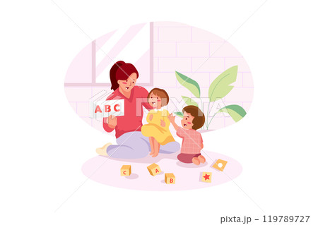 Mother with two kids learning alphabet with flashcards 119789727