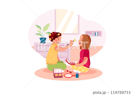 Two little girls playing with beauty toys. Cute kids. Toy women's accessories. 119789733